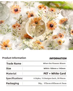 Close-up of floral PET stickers with artistic tea cup scene and product specifications