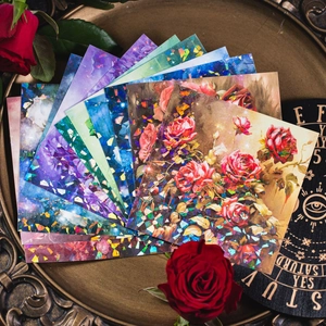 Holographic PET goddess stickers with cosmic rose patterns on vintage tray