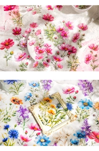 Macro shot of colorful floral PET stickers with watercolor wildflowers for scrapbooking