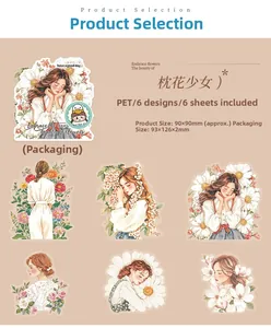 Detail view of floral girl theme PET stickers with 6 unique illustrated designs