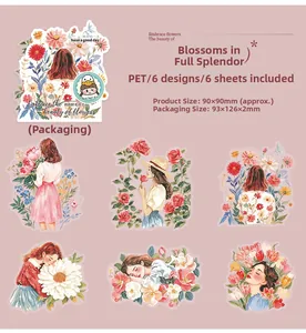Detail view of 6-piece PET girl and flower stickers for DIY journaling decoration