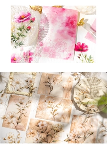 Macro detail of vintage floral PET stickers in pink and brown botanical themes for journaling