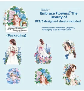 Close-up of floral PET stickers for scrapbooking featuring gold foil girls and flowers
