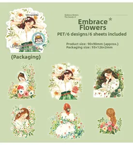 Detail view of PET floral girl stickers showing 6 different hand-drawn vintage patterns