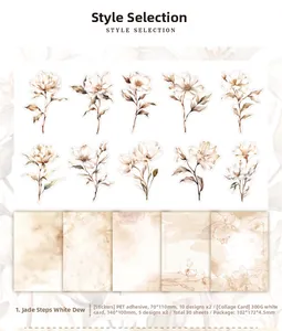 Detail of vintage flower PET stickers and white cardstock for journaling decoration