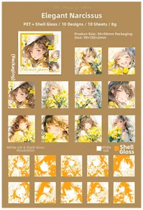 Détail d'autocollants PET avec effet lumière coquillage et illustrations de filles animées