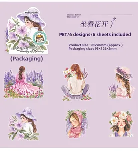 Detailed flat lay of PET stickers with gold-foil floral and girl illustrations