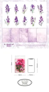 Macro detail of 30-piece purple floral PET stickers and card set with size comparison