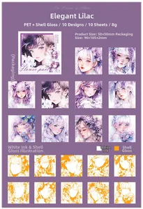Détail des autocollants PET de filles fleurs avec effets lumière de nacre et encre blanche