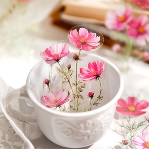 Pink cosmos floral PET stickers set for journal decoration on white ceramic cup