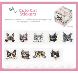 Detailed specifications of PET cat sticker tape showing 40mm width and cute animal patterns