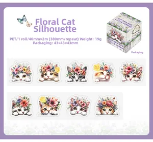 Detailed PET decorative tape featuring hand-drawn cute cats and floral patterns