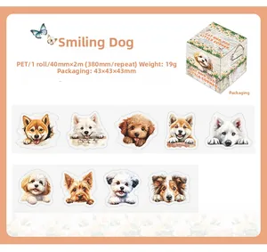 Detail view of PET decorative tape with cute dog illustrations and 40mm width specs