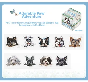 Detail of PET decorative tape showing cute dog illustrations and 40mm width specifications