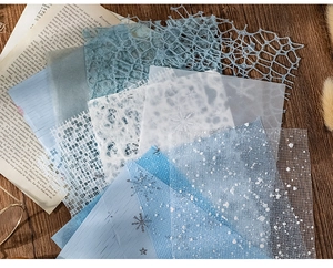 Detail of blue lace mesh and snowflake pattern paper for scrapbooking and DIY crafts