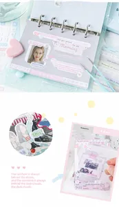 Detail of pink binder kit with aesthetic Japanese and English quote stickers for journaling