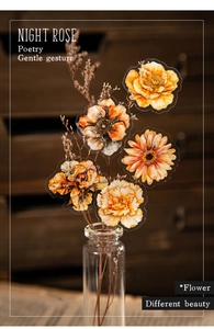 Creative display of vintage Night Rose PET flower stickers in a glass bottle decoration