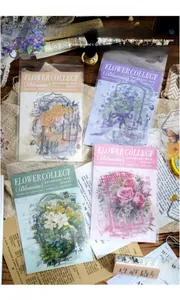 Detailed view of vintage PET stickers featuring flowers and butterflies for DIY journals