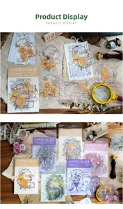 Artistic detail of vintage PET flower stickers with magnifying glass and retro stationery