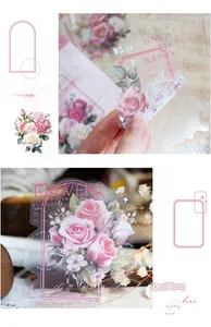 Macro detail of transparent PET flower stickers with pink roses for DIY journaling