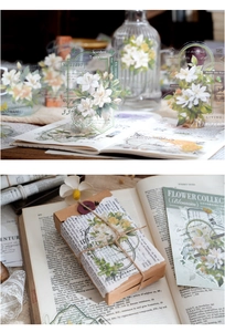 Detail of vintage gardenia PET stickers on a glass bottle and gift packaging
