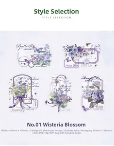 Detailed PET stickers featuring purple floral hydrangea patterns and butterflies with gold foil