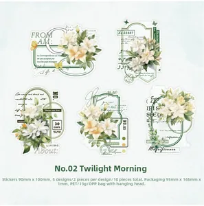 Detailed view of vintage floral PET stickers with soft green and ivory flower designs