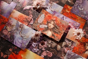 Detalle artístico del set de tarjetas de fantasía con mariposas y motivos florales