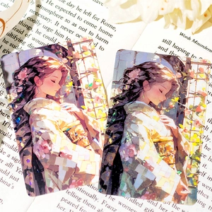 Carte illustrate anime laser con ragazza in kimono su pagine di libri vintage d'arte