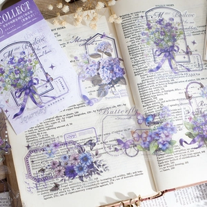 Vintage purple floral PET stickers featuring wisteria and butterflies for DIY journaling