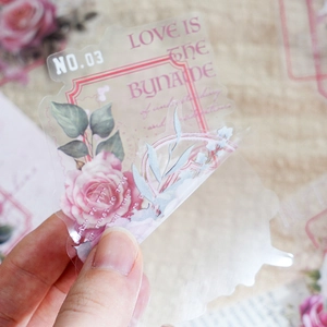 Vintage floral PET sticker pack for DIY journals featuring translucent pink rose designs