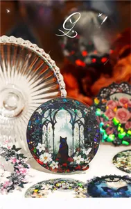 Macro detail of Lace Garden PET stickers featuring vintage cat and rose illustration designs