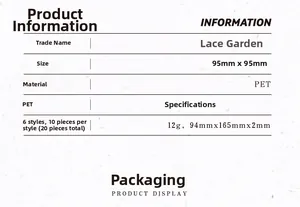 Detailed specs for Lace Garden PET stickers showing 95x95mm dimensions and material info