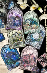 Macro shot of Lace Garden PET stickers with vintage arch window shapes and laser laser finish