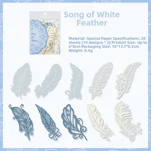 Detailed view of feather-shaped decorative stickers for journaling in soft blue tones