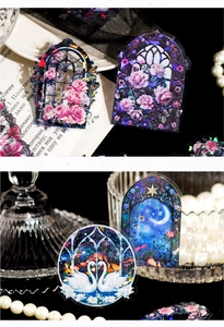 Detailed view of vintage lace garden PET stickers with aurora laser finish and swan motifs