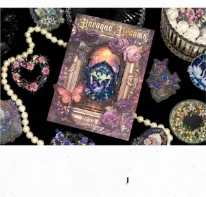 Close-up of Baroque Dreams PET stickers with purple laser finish and rose designs