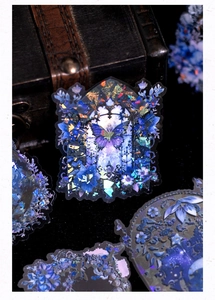 Detailed laser PET stickers featuring Gothic arches and butterflies with holographic effect