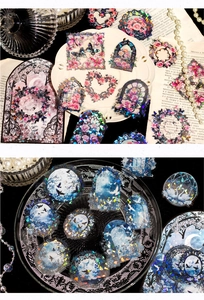 Macro shot of vintage PET stickers with laser gold foil floral and arch designs