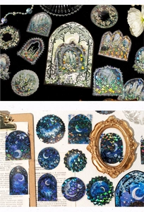 Close-up of Space Garden PET stickers with laser glitter effect on vintage floral frames