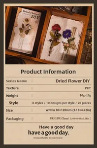 Close-up of vintage dried flower PET stickers in a rustic wooden box for DIY journaling