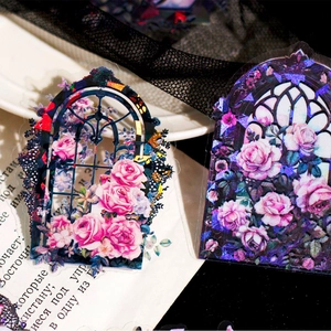 European gothic window PET floral stickers with laser finish for DIY journaling