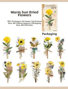 Macro detail of yellow dried flower PET stickers for DIY scrapbooking and journal collage