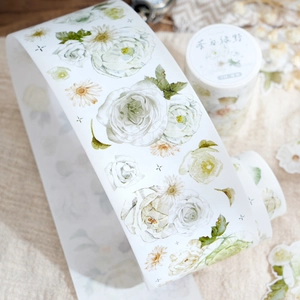 Twilight PET decorative tape featuring realistic white roses and daisies for DIY journaling