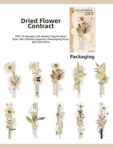 Detail of vintage PET floral stickers showing 10 designs with retro newspaper motifs