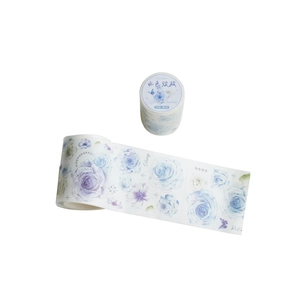 Blue watercolor floral washi tape with rose and daisy designs for DIY journals, 2m length
