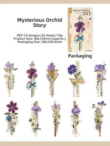 Detail view of 20 vintage floral PET stickers for scrapbooking in retro purple and beige