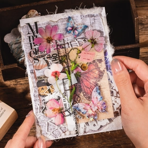 Vintage PET sticker pack with dried flower designs and retro newspaper collage for journaling