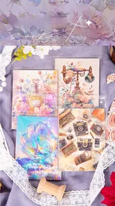 Detail view of vintage PET stickers featuring retro typewriters and floral motifs