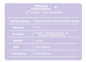 Detailed specifications of Time Traveler PET stickers showing 20 sheets and size 90x120mm